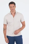 Taş Rengi italyan Düğmeli Yaka Kısa Kol Cepsiz Slim Fit Gömlek 1004250255 thumbnail 2