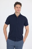 Koyu Lacivert italyan Düğmeli Yaka Kısa Kol Cepsiz Slim Fit Gömlek 1004250255 thumbnail 3