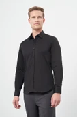 Siyah Uzun Kol Düz Bez Ayağı 032 Sert Yaka Classic Slim Fit Gömlek 1004245324 thumbnail 3