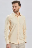 Açık Bej Uzun Kollu Sert Yaka Cepsiz Pamuklu Likralı Klasik Slim Fit Dar Kesim Gömlek 1004240234 thumbnail 1