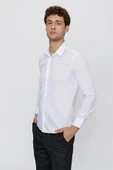 Beyaz Uzun Kol Düz Bez Ayağı Sert Yaka Cepsiz Pamuklu Basic Slim Fit Gömlek 1004250057_600 thumbnail 5