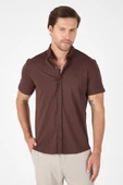 Koyu Kahverengi Kısa Kol Düğmeli Yaka Cepsiz Performans Ürün Slim Fit  Gömlek 1004250256 thumbnail 1