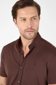 Koyu Kahverengi Kısa Kol Düğmeli Yaka Cepsiz Performans Ürün Slim Fit  Gömlek 1004250256 thumbnail 4