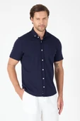 Koyu Lacivert Kısa Kol Düğmeli Yaka Cepsiz Performans Ürün Slim Fit  Gömlek 1004250256 thumbnail 3