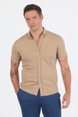 Koyu Bej italyan Düğmeli Yaka Kısa Kol Cepsiz Slim Fit Gömlek 1004250255 thumbnail 3