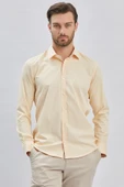 Açık Bej Uzun Kollu Sert Yaka Cepsiz Pamuklu Likralı Klasik Slim Fit Dar Kesim Gömlek 1004240234 thumbnail 3
