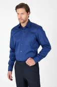 Lacivert Sert Yaka Düz Classic %100 Pamuk Comfort Fit Gömlek 1004250323 thumbnail 4