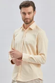 Açık Bej Uzun Kollu Sert Yaka Cepsiz Pamuklu Likralı Klasik Slim Fit Dar Kesim Gömlek 1004240234 thumbnail 4