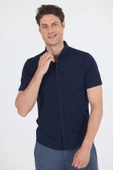 Koyu Lacivert italyan Düğmeli Yaka Kısa Kol Cepsiz Slim Fit Gömlek 1004250255 thumbnail 1