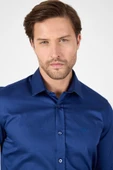 Lacivert Sert Yaka Düz Classic %100 Pamuk Slim Fit Gömlek 1004250324 thumbnail 2