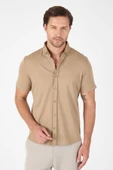 Koyu Bej Kısa Kol Düğmeli Yaka Cepsiz Performans Ürün Slim Fit  Gömlek 1004250256 thumbnail 1