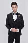 Siyah Armürlü Çıkarılabilir Mono Yaka Yelekli 6 Drop Slim Fit Smokin Damatlık 1001225202 thumbnail 1