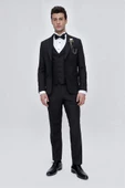 Siyah Armürlü Çıkarılabilir Mono Yaka Yelekli 6 Drop Slim Fit Smokin Damatlık 1001225202 thumbnail 3