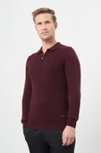 Bordo Uzun Kol Kendinden Desenli Örme Polo Yaka Classic Comfort Fit Triko 1012245156 thumbnail 3