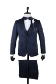 Koyu Lacivert Armürlü Mono Yaka Astarlı Yelekli 6 Drop Slim Fit Smokin Damatlık 1001220205 thumbnail 2