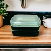 Dikdörtgen İki Katlı Yeşil Renk 900 ml Lunch Box Beslenme Kutusu Beslenme Kabı Seti Saklama Kabı - 2