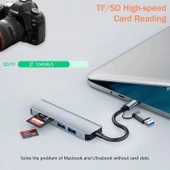 1 TO 5 USB Çoklayıcı Hafıza Kart Okyuculu USB Type-C Hub Port Adaptör - 3