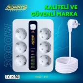 Akım Korumalı 6'lı Grup Priz 4 USB'li ve 2 TYPE-C li 6'lı Grup Priz 2 m Kablo Çocuk Korumalı - 4