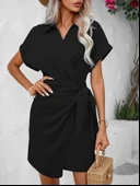 Kadın Kısa Kollu Yakalı Yandan Bağlamalı Dokuma Elbise thumbnail 4