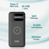 Phixi Basic PW11 10000mAh 10W Kablosuz Şarj Cihazı - Wireless Powerbank - 2 USB Port - LED Gösterge - Taşınabilir Şarj Cihazı - 2