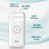 Phixi Basic PW11 10000mAh 10W Kablosuz Şarj Cihazı - Wireless Powerbank - 2 USB Port - LED Gösterge - Taşınabilir Şarj Cihazı - 8