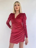 Kadın Kırmızı Kruvaze Yaka Abiye Elbise thumbnail 3