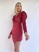 Kadın Kırmızı Kruvaze Yaka Abiye Elbise thumbnail 9