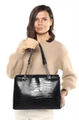 Madamra Siyah Kroko Kadın Büyük Kapitone Zincirli Çanta thumbnail 3