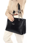 Madamra Siyah Kroko Kadın Büyük Kapitone Zincirli Çanta thumbnail 4