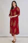 Wearon Kadın Fatoş Cep Detaylı Dokuma Viskon Kırmızı Gömlek Elbise - 3
