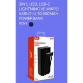 Bpb07 30000 mah 3x1 USB, USB C, ligthing ve mikro Kablolu powerbank thumbnail 1