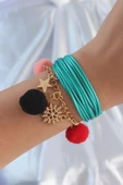 Turkuaz Renk Kar Tanesi Figür Zincir Detay İpli Çoklu Bileklik - TJ-BB6346 thumbnail 1
