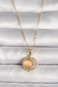 316L Çelik Gold Renk Zirkon Taşlı Turuncu Sedefli Hilal Model Kadın Kolye - TJ-BKO9704 thumbnail 1