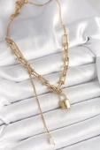 316L Çelik Gold Renk Tiffany Zincir Model Kilit Figür Sallantı İnci Detay Kadın Kolye - TJ-BKO9938 thumbnail 2