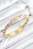 Tahtakale Toptancı Mineli Pirinç Zirkon Taşlı Pembe Çiçek Motifli Gold Kadın Kelepçe 7817 - 1