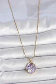 316L Çelik Gold Renk Zincir Mor Çiçek İşlemeli İnci Detay Portre Model Kadın Kolye - TJ-BKO10078 thumbnail 2