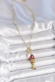 İnci Detaylı Zirkon Taşlı Rainbow Balık Figürlü Gold Renk Pirinç Kolye - TJ-BKO10215 thumbnail 2