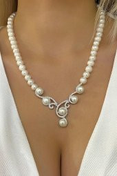 Gösterişli Üst Kalite İnci Gerdanlık 925 Gümüş Kolye - 1