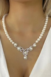 Gösterişli Üst Kalite İnci Gerdanlık 925 Gümüş Kolye - 6