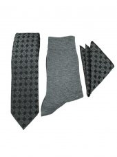 Brianze Gri Motif  Desen Kravat Mendil Çorap Hediyelik Set - 3