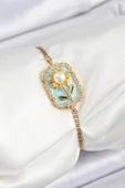 316L Çelik Zincir Turkuaz Mineli Sanatsal Portre İnci Detaylı Papatya Model Gold Renk Kadın Bileklik - TJ-BB7230 thumbnail 1