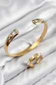 Pirinç Zirkon Taşlı Ayrık Model Gold Renk Bileklik Yüzük Set - TJ-BB7605 - 1