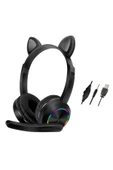 AKZ020 Kafa Üstü Işıklı Kedi Kulaklık - Siyah - 1