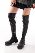 236-2194 Siyah Streç Diz Üstü Fermuarlı Günlük Kadın Çizme - 4