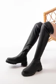 236-2194 Siyah Streç Diz Üstü Fermuarlı Günlük Kadın Çizme - 2