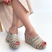 Pabucmarketi Renkli Kilim Desenli Kadın Dolgu Topuk Terlik - 4