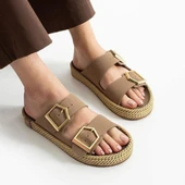 Pabucmarketi Vizon Nubuk Çift Tokalı Kadın Düz Terlik thumbnail 4