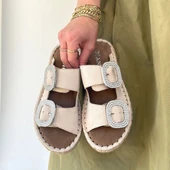 Pabucmarketi Bej Nubuk Tokalı Kadın Düz Terlik - 4