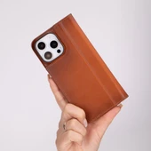 Apple iPhone 16 Pro Max uyumlu, Hakiki Deri, El Yapımı, Cüzdanlı Kılıf, Gölgeli Taba thumbnail 3