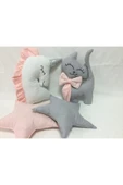 Pembe Gri Beyaz 4'lü Dekoratif Yastık Seti Unicorn Kedi Yıldız - 1